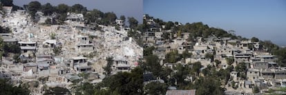 Combo fotográfico que muestra (i) una foto del 20 de enero de 2010 de un barrio destruido y (d) foto del mismo barrio el 9 de enero de 2020, en Puerto Príncipe (Haití).