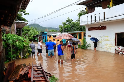 El municipio de Técpan de Galeana es el más afectado por la tormenta. Se reportan 79 viviendas inundadas, de las cuales cuatro se han derrumbado. En la imagen, varias personas caminan sobre una calle inundada en Técpan de Galeana.
