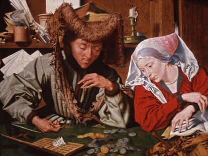 <i>El cambista y su mujer, </i>obra de Marinus van Reymerswaele presente en la exposición <i>Dinero y belleza.</i>