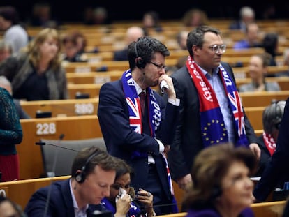 Un grupo de eurodiputados británicos el 29 de enero durante la votación del Europarlamento para la salida del Reino Unido de la UE.