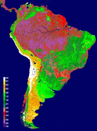 Imágenes tomadas por los satélites de la NASA muestran los patrones medios de frondosidad de la vegetación en Sudamérica: las zonas en rojo y rosa son las más frondosas; las verdes, las que tienen una menor vegetación, y las amarillas, los desiertos costeros.