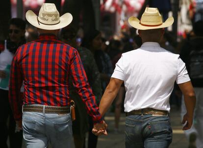 Dos hombres de de la mano en el desfile anual del orgullo gay en ciudad de México.