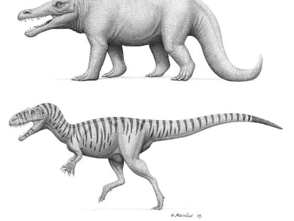 Concepto artístico de 'Megalosaurus bucklandii', pasado y presente.