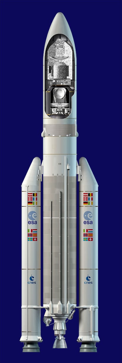 <i>Herschel</i> y <i>Planck</i> han sido lanzados por un cohete Ariane 5 desde el Centro Espacial Europeo en la Guyana Francesa, en Kourou. En la ilustración, ambos satélites montados en el lanzador, con <i>Herschel</i> encima de <i>Planck</i>. Los satélites se separaron poco después del lanzamiento, y se dirigirán de forma independiente a órbitas distintas en torno al segundo punto de Lagrange, L2, situado a 1,5 millones de kilómetros de la Tierra.