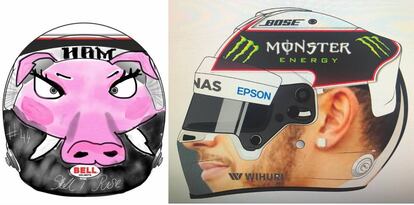 Dos dise&ntilde;os de casco para Lewis Hamilton dise&ntilde;ados por sus seguidores en Instagram. 