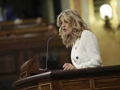 Yolanda Díaz, líder de Sumar, interviene en el debate de investidura de Pedro Sánchez.