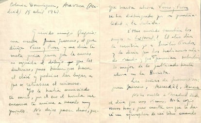 Carta de Vicente Aleixandre a Gregorio Prieto de abril de 1929.
