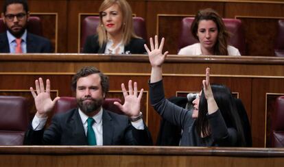 Los diputados de Vox en el Congreso Iván Espinosa de los Monteros y Macarena Olona levantan las manos durante la intervención de la portavoz de EH Bildu en el Congreso de los Diputados, Mertxe Aizpurua.