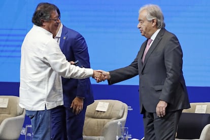 Gustavo Petro, presidente de Colombia, y António Guterres, secretario general de Naciones Unidas, al inicio de la Conferencia de la ONU sobre Biodiversidad Biológica en la COP16, en Cali, el 29 de octubre 2024.