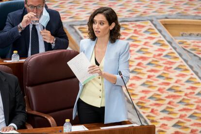 La presidenta de la Comunidad de Madrid, Isabel Díaz Ayuso, este jueves en la sesión de control en la Asamblea.