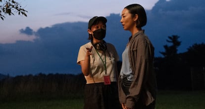 Celine Song with Greta Lee on the set of 'Past Lives.'