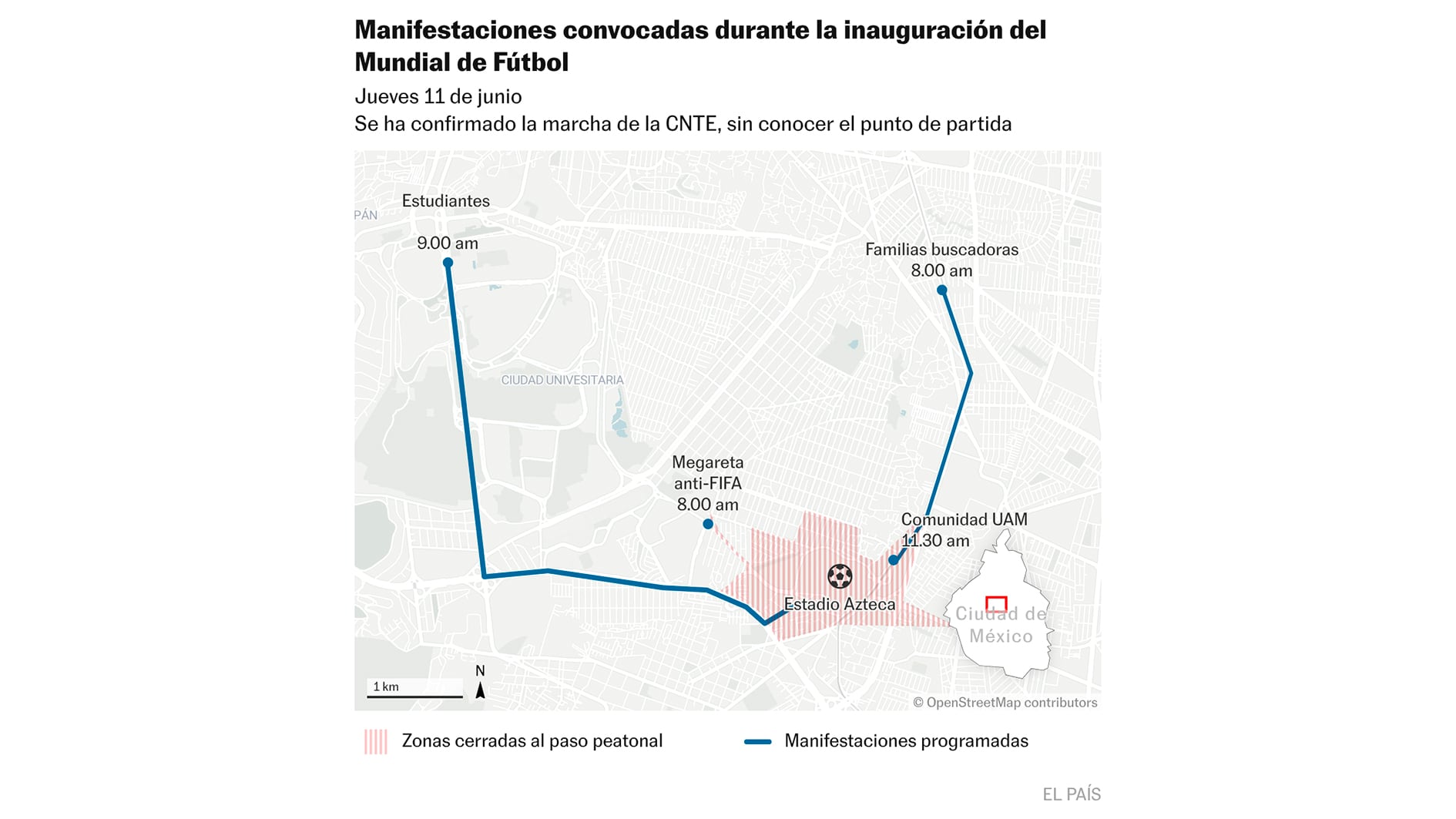 Mapa de las manifestaciones en la inauguración del mundial el 11 de junio del 2026.