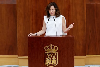 La presidenta de la Comunidad de Madrid, Isabel Díaz Ayuso, este viernes, en la Asamblea madrileña.