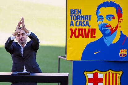 Xavi, durante la presentación del pasado lunes en el Camp Nou.