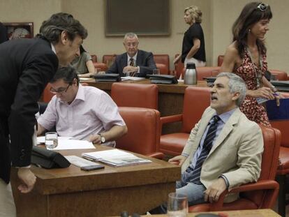 El portavoz adjunto del PP en el Congreso, Rafael Hernando, conversa con el diputado de IU Gaspar Llamazares antes de la sesión de la Diputación Permanente.