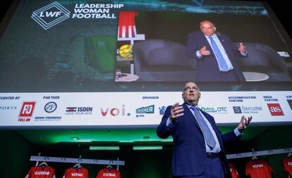 Javier Tebas, durante su intervención en el Congreso de Liderazgo de la Mujer en el Fútbol.