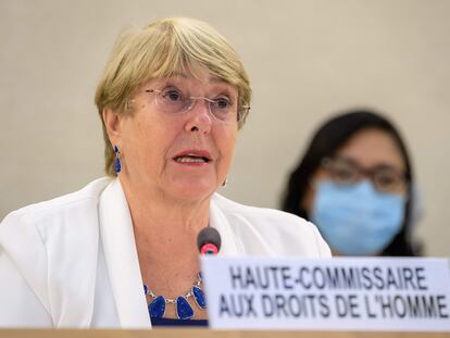 La alta comisionada de las Naciones Unidas para los derechos humanos, Michelle Bachelet, en su intervención durante una sesión especial de urgencia del Consejo de Derechos Humanos de la ONU, este martes en Ginebra.