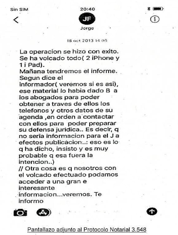 Pantallazo de uno de los SMS registrados en el notario por Francisco Martínez, según consta en el sumario.