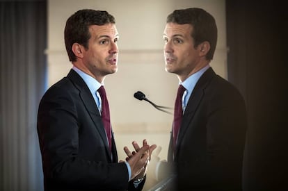 Pablo Casado, durante un encuentro con empresarios de la asociación AVE.