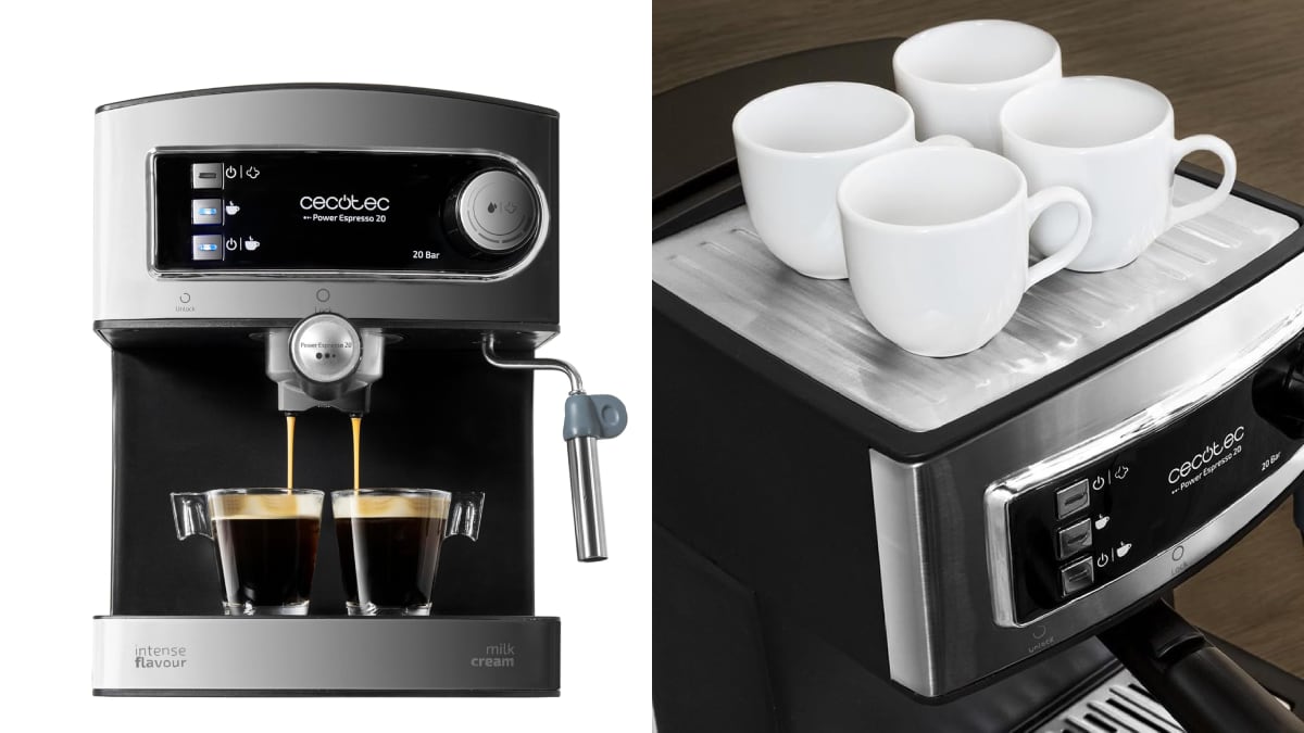 Esta cafetera expreso incluye una bandeja superior en la que calentar tazas.