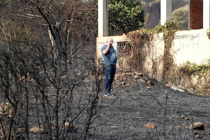 Un hombre habla por teléfono en una zona calcinada en Carucedo (León), este lunes.