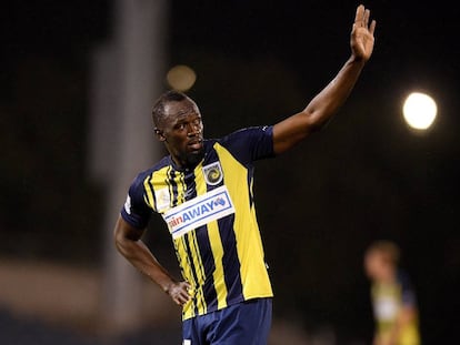 Usain Bolt, durante un partido de la liga australiana entre su equipo, los Central Coast Mariners, y el Macarthur South West United.