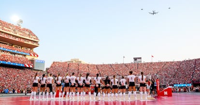 A KC-135 and three F-16 jets fly over the stadium during the national anthem before the match between the Nebraska Cornhuskers and the Omaha Mavericks at Memorial Stadium.