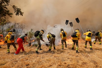 Varios bomberos pelean con el fuego este sábado en Veiga das Meas.