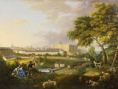 Vista del Palacio Real desde la montaña de Príncipe Pío. Cuadro de José María Avrial y Flores (1836).
