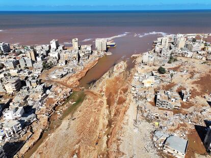 An aerial image of Derna taken on September 13, after the passage of Storm Daniel.