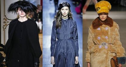 De izquierda a derecha: sombreros de las colecciones de Galliano, Dior y Miu Miu presentadas en la pasada Semana de la Moda de París.