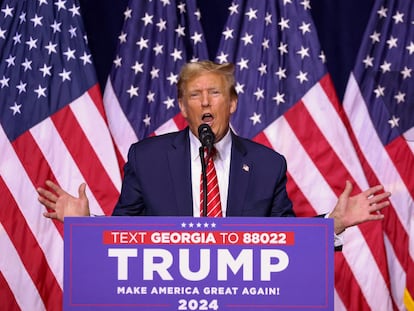 FILE PHOTO: Republican presidential candidate and former U.S. President Donald Trump speaks during a campaign rally at the Forum River Center in Rome, Georgia, U.S. March 9, 2024.