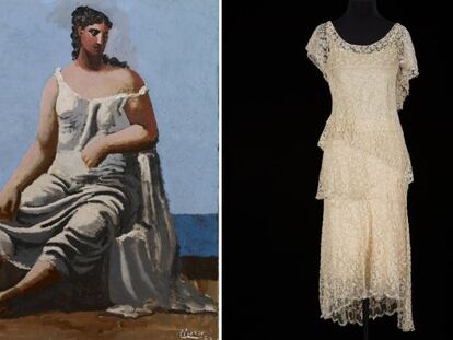 A la izquierda, 'Mujer frente al mar', de Pablo Picasso (1922). A la derecha, vestido de noche de Chanel.