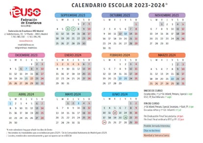 La Comunidad de Madrid no ha publicado el calendario oficial, este es el de la Federación de Enseñanza del sindicato Feuso.