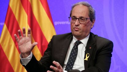 El presidente catalán Quim Torra durante la rueda de prensa con los corresponsales extranjeros.