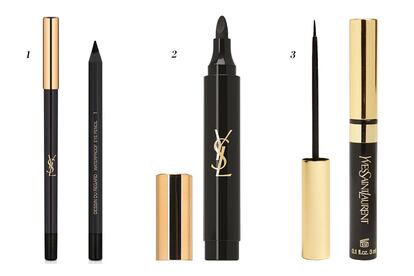 1. Lápiz waterproff ‘Dessin du Regard’ 2. ‘Couture Eye Marker’ 3. ‘Eyeliner Noir Liquid’. Todo de Yves Saint Laurent.