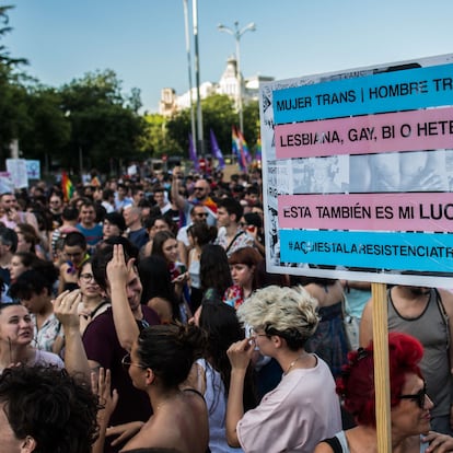 MADRID, SPAIN - 2018/06/28: People protesting during a demonstration known as the "Critical Pride", where a LGBT community rally was held as an alternative to the official Pride from an anti-capitalist, transfeminist, and anti-racist perspective. (Photo by Marcos del Mazo/LightRocket via Getty Images)