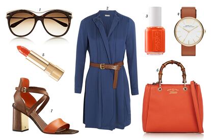 1. Alexander McQueen Gafas de sol con montura de carey y detalle de metal. 2. Michael Michael Kors Vestido cruzado con cinturón. 3. Essie Laca de uñas. 4. Marc by Marc Jacobs Reloj con correa de piel. 5. Dolce & Gabbana Beauty Barra de labios. 6. Gucci Tote de piel con doble asa. 7. Louis Vuitton Sandalia de piel bicolor, lona Monogram y tacón de madera con detalle dorado.