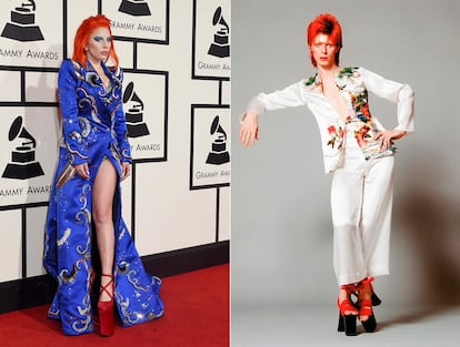 Las referencias estílisticas fueron clave en todas las apariciones de Lady Gaga. En la alfombra roja homenajeó las plataformas rojas que lució en 1973.