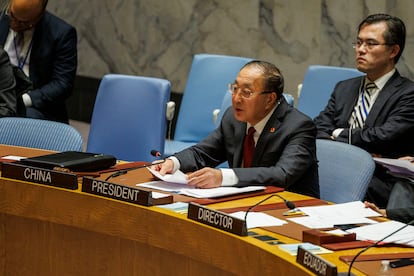 Zhang Jun, embajador de China, país que preside este mes el Consejo, interviene en la reunión, este miércoles en Nueva York.