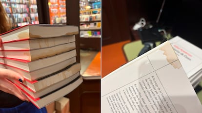 Algunos de los ejemplares con manchas de café de la librería Finestres de Barcelona, en imágenes cedidas.