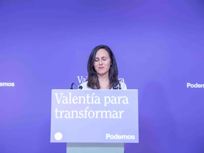 Ione Belarra, secretaria general de Podemos, comparece en la sede de su partido este lunes.