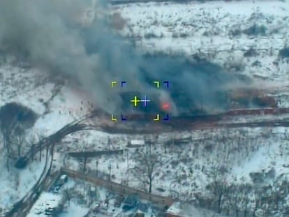 A screengrab of a video published by the Russian Ministry of Defense showing a Kinzhal missile strike in Ukraine last Saturday.