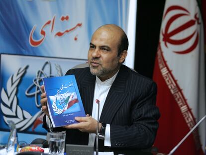 In this picture released on Tuesday, Oct. 14, 2008, by Islamic Republic News Agency, IRNA, Ali Reza Akbari speaks in a meeting to unveil the book 'National Nuclear Movement' in Tehran, Iran.