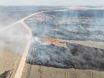 A drone view of the grasslands burning from the Smokehouse Creek Fire in Roberts County, Texas, U.S., February 28, 2024