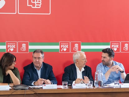 Desde la izquierda, la portavoz del PSOE, Ángeles Ferrez; el secretario general del PSOE de Andalucía, Juan Espadas; el presidente del PSOE Andaluz, Manuel Pezzi y el secretario de Organización, Noel López  en la reunión de la Comisión Ejecutiva, este martes, en Sevilla.