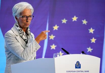 La presidenta del BCE, Christine Lagarde, después de la reunión del Consejo de Gobierno, en Fráncfort, este jueves.