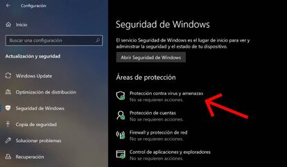 Protección contra amenazas de Windows Defender.