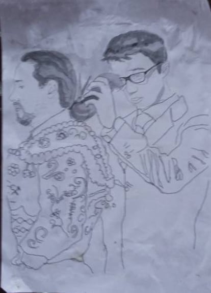 Dibujo de Pablo Iglesias e Iñigo Errejón a la puerta de Vistalegre.