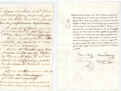 Documento histórico de 1823 de la permuta del ´caravaggio' por el 'alonso cano'.